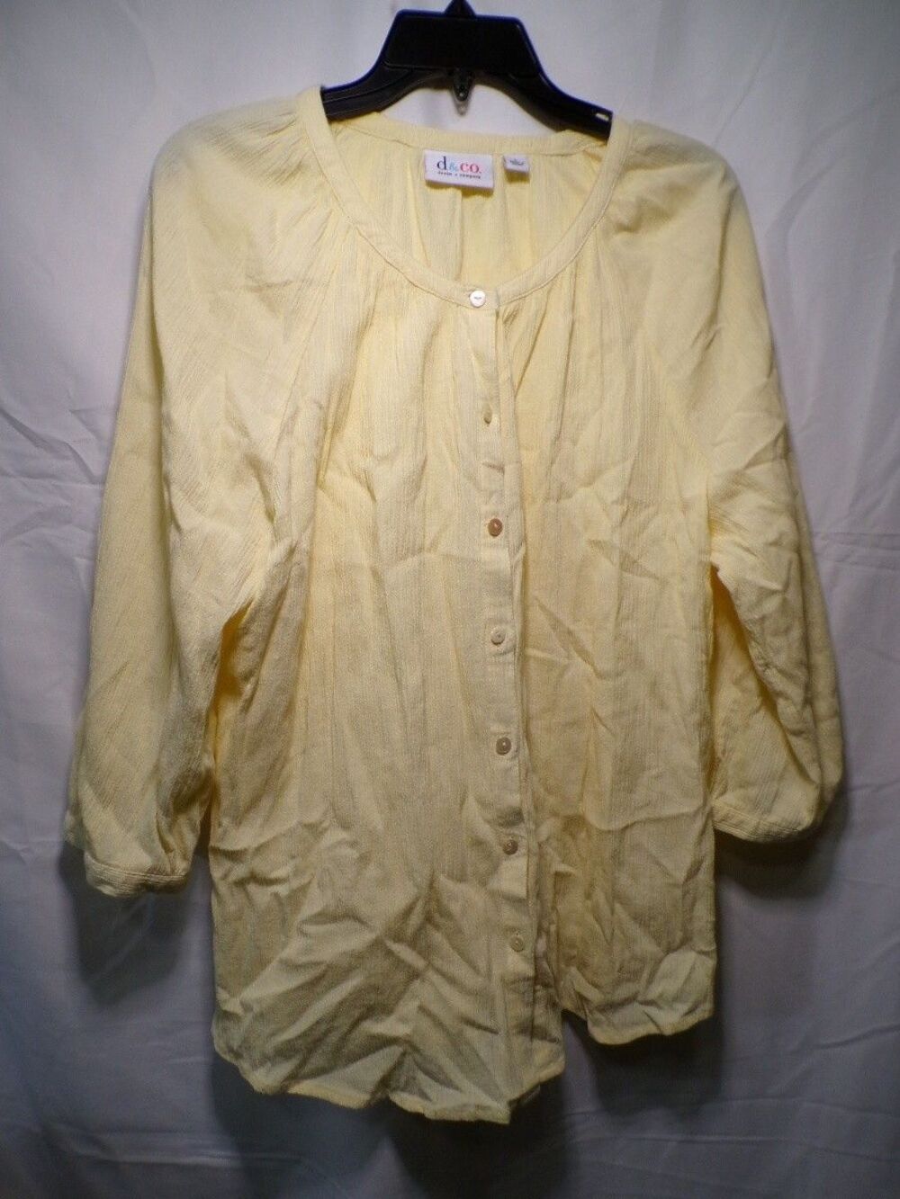 Denim & Co. Women's Yellow Button Front Blouse Size L Crinkle Peasant Top